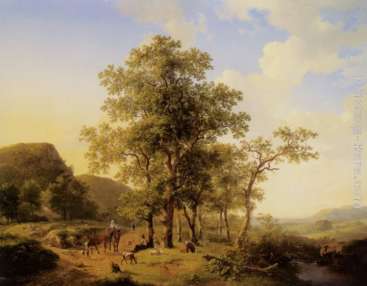 Hendrikus van den Sande Bakhuyzen A Treelined River Landscape with Figures and Cattle an a Path